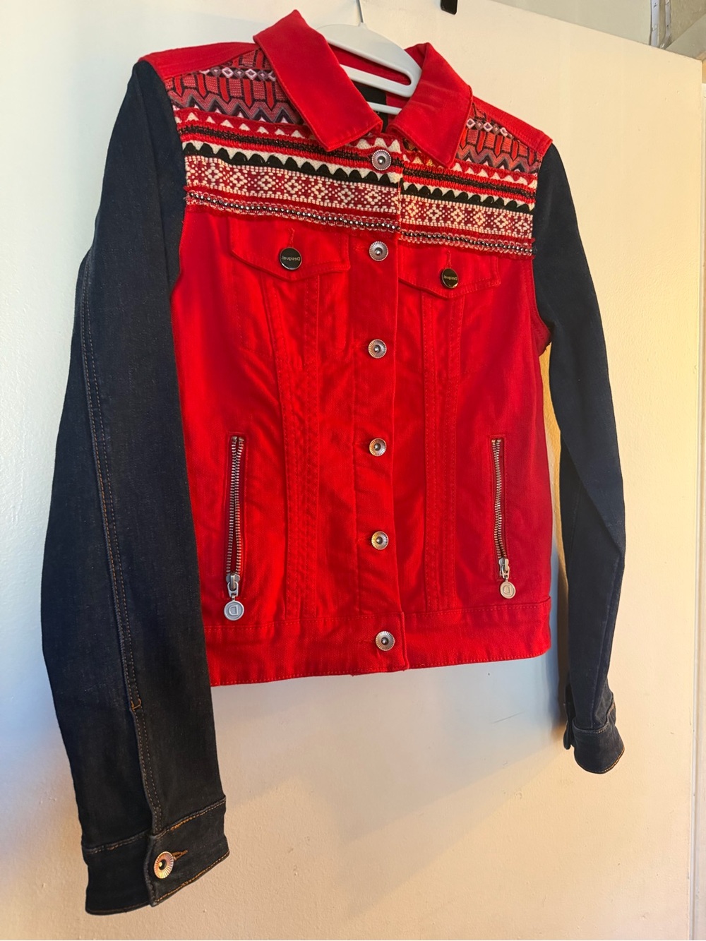 Desigual Red Denim Jacket Embroidered Beaded Colorblock Size 36